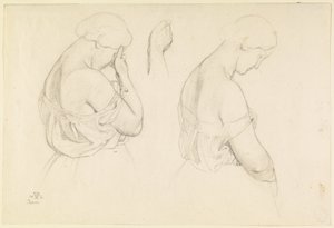 Twee vrouwelijke figuren in halve lengte en een studie van een hand door Friedrich Preller the Elder